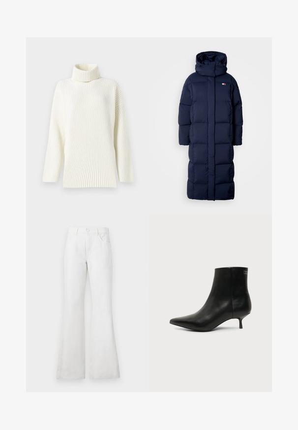 Mørkeblå lang pufferjakke med hætte, der har et quiltet design, høj krave og sidelommer med lynlås. Blød, polstret tekstur.; Cremefarvet ribbet turtleneck trøje med lange ærmer og løs pasform. Den bløde tekstur og det sømløse design øger komforten.; Hvide bukser af denim med flared ben og høj talje, der har forlommer, bæltesløjfer og en klassisk knaplukning. Glat tekstur, afslappet design.; Sort læder ankelstøvle med spids tå og lav kitten hæl på lys baggrund, der viser yderside.