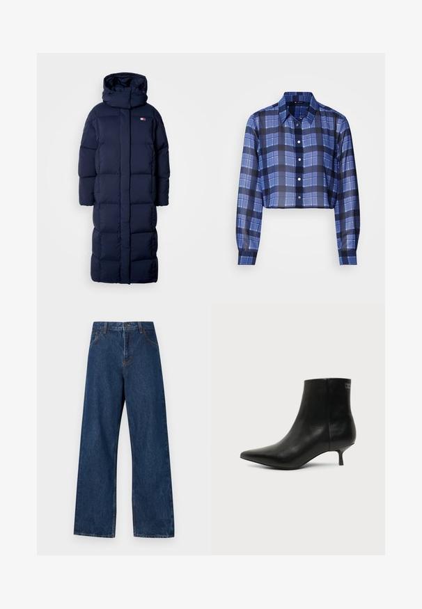 Navyblauwe lange pufferjas met een capuchon, met een doorgestikte design, een hoge kraag en zijzakken met rits. Zachte, gevoerde textuur.; Geknipt, knoopshirt in een blauw geruit patroon. Heeft een kraag, lange mouwen en doorschijnende stof. De knopen zijn gelijkmatig verdeeld over de voorkant.; Donkerblauwe wijd uitgesneden spijkerbroek van denim met een klassiek vijf-pocket ontwerp. Bevat contrasterende stiksels en een sluiting met voorknoop.; Zwart leren enkellaars met puntige neus en lage kittenhak op lichte achtergrond, zijaanzicht buitenkant.