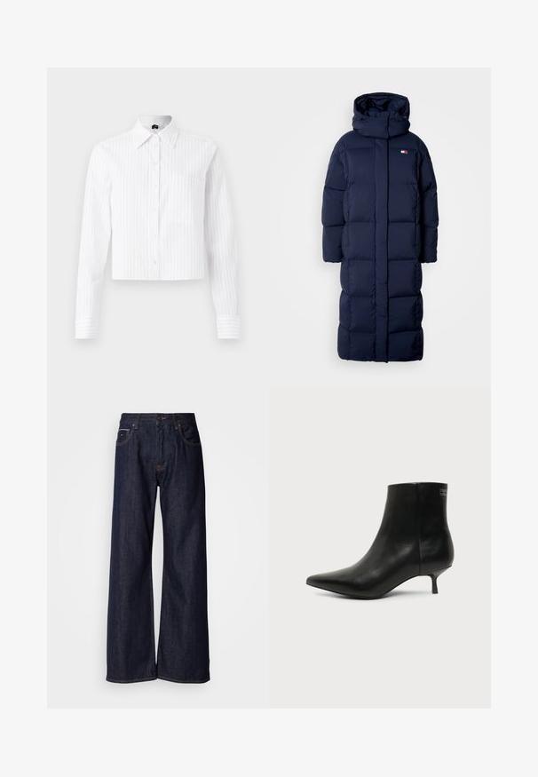 Navyblauwe lange pufferjas met een capuchon, met een doorgestikte design, een hoge kraag en zijzakken met rits. Zachte, gevoerde textuur.; Witte cropped button-up shirt met lichtblauwe verticale strepen, lange mouwen, één borstzak en klassieke kraag. Katoenmix stof.; Wijde donkerdenim jeans met een hoge taille, voorzien van steekzakken en subtiele stiksels. Glad textuur met een klassieke snit.; Zwart leren enkellaars met puntige neus en lage kittenhak op lichte achtergrond, zijaanzicht buitenkant.
