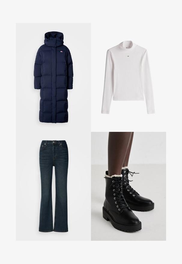 Mørkeblå lang pufferjakke med hætte, der har et quiltet design, høj krave og sidelommer med lynlås. Blød, polstret tekstur.; Hvid ribbet langærmet rullekrave med en lille Tommy Hilfiger-logo centreret under kraven.; Denim flared jeans i mørk indigo med en tætsiddende talje, fem-lomme design og subtile slidser på forsiden.; Sorte snørebåndsankelstøvler med kraftige såler og hvid fleeceforing, båret af en person, der står på et lyst gulv.