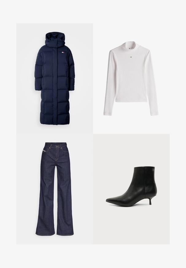 Navyblauwe lange pufferjas met een capuchon, met een doorgestikte design, een hoge kraag en zijzakken met rits. Zachte, gevoerde textuur.; Wit geribd top met lange mouwen en coltrui, voorzien van een klein Tommy Hilfiger-logo, gecentreerd onder de kraag.; Donkerblauwe wijde jeans van denimstof met een hoge taille, voorzien van oranje stiksels, een vijf-pocket ontwerp en een knoopsluiting.; Zwart leren enkellaars met puntige neus en lage kittenhak op lichte achtergrond, zijaanzicht buitenkant.