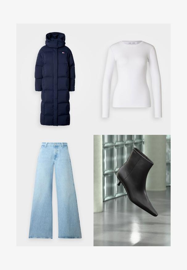 Navyblauwe lange pufferjas met een capuchon, met een doorgestikte design, een hoge kraag en zijzakken met rits. Zachte, gevoerde textuur.; Witte longsleeve shirt van ribstof, met een ronde halslijn en een getailleerde vorm. Er zijn geen patronen of accenten aanwezig.; Lichtblauwe wijd-uitlopende jeans gemaakt van denim met een hoge taille, voorzien van een knoopsluiting en vijf zakken. Gladde textuur met een casual silhouet.; Zwarte leren enkellaars met puntige neus en lage hak, afgebeeld tegen een glazen blokkenmuur en gepolijste vloer op de achtergrond.