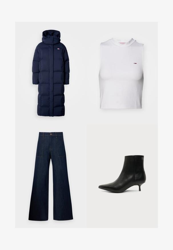 Mørkeblå lang pufferjakke med hætte, der har et quiltet design, høj krave og sidelommer med lynlås. Blød, polstret tekstur.; Hvid cropped tanktop med høj hals, lavet af blød bomuld, med et lille klassisk logo på venstre bryst. Minimalistisk design.; Mørkeblå vidde jeans lavet af denim, med to forlommer, synlige sømme og en knaplukning i taljen.; Sort læder ankelstøvle med spids tå og lav kitten hæl på lys baggrund, der viser yderside.