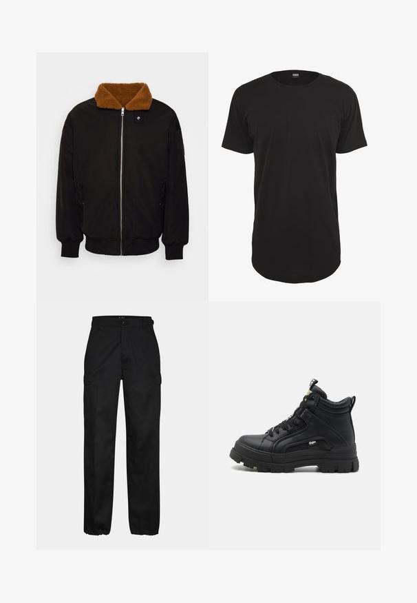 Sort jakke med en brun, blød krave. Har en frontlynlås, ribbede manchetter og sidelommer. Fremstillet af et glat, holdbart materiale.; Sort kortærmet t-shirt lavet af bomuld. Har en rund hals og en lige pasform med en lidt længere bagkant. Blød tekstur.; Sorte cargo bukser med lige pasform, der har sidelommer, knaplukning og elastiske manchetter ved anklerne. Fremstillet af slidstærkt stof.; Sorte sneakers støvler lavet af tekstureret læder, med en tyk gummisål, snørebånd foran og en lille logo detalje på siden.