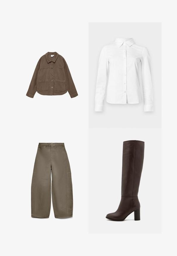Bruine corduroy jas met knopen, kraag en twee opgestikte voorzakken, afgebeeld op een witte achtergrond.; Witte blouse met lange mouwen en knopen, met puntige kraag, rechte zoom en aansluitende silhouet, weergegeven op een effen lichte achtergrond.; Wijde broekspijpen van olijfgroen corduroy, met een hoge taille, vijf zakken en een ritssluiting met metalen knoop.; Bruine leren kniehoog laars met een blokhak, gladde textuur, ronde neus en minimale stikseldetails.