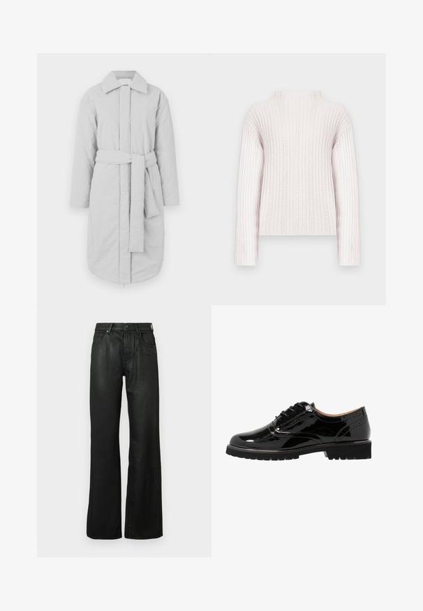 Manteau long rembourré gris clair avec grand col et ceinture assortie en tissu nouée à la taille, sans boutons ni fermetures éclair visibles.; Pull en maille côtelée rose clair à manches longues et col montant, avec des motifs de rayures texturées verticales.; Pantalons évasés en denim noir au toucher lisse, avec un design à cinq poches, passants de ceinture et une fermeture éclair avec bouton.; Chaussures à lacets en cuir verni noir avec un bout rond, des détails en brogue, une semelle en caoutchouc et une finition texturée. Accentué par de petits œillets.