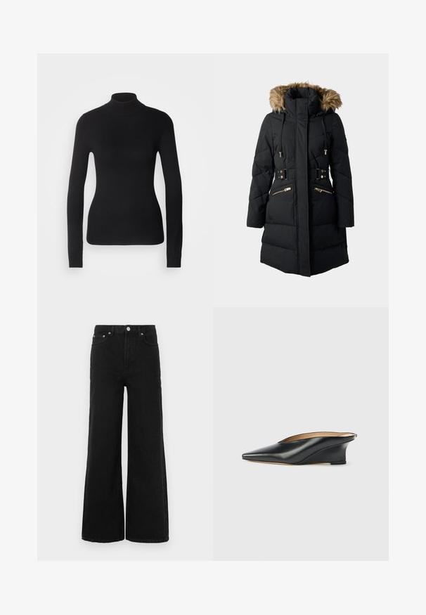 Sort polstret parka med hætte i faux fur, lynlåslommer, justerbare snore og bælte i taljen, med gyldne hardware detaljer.; Sort turtleneck sweater lavet af let strikket stof. Har lange ærmer, et tætsiddende design og en blød ribbet tekstur.; Sorte jeans med vide ben lavet af denim; har høj talje, forlommer og knaplukning. Ingen synlige mønstre eller pynt.; Sort laklæder kilehæl sko med spids tå og åben hæl, der har et elegant, buet design og minimalistisk stil.