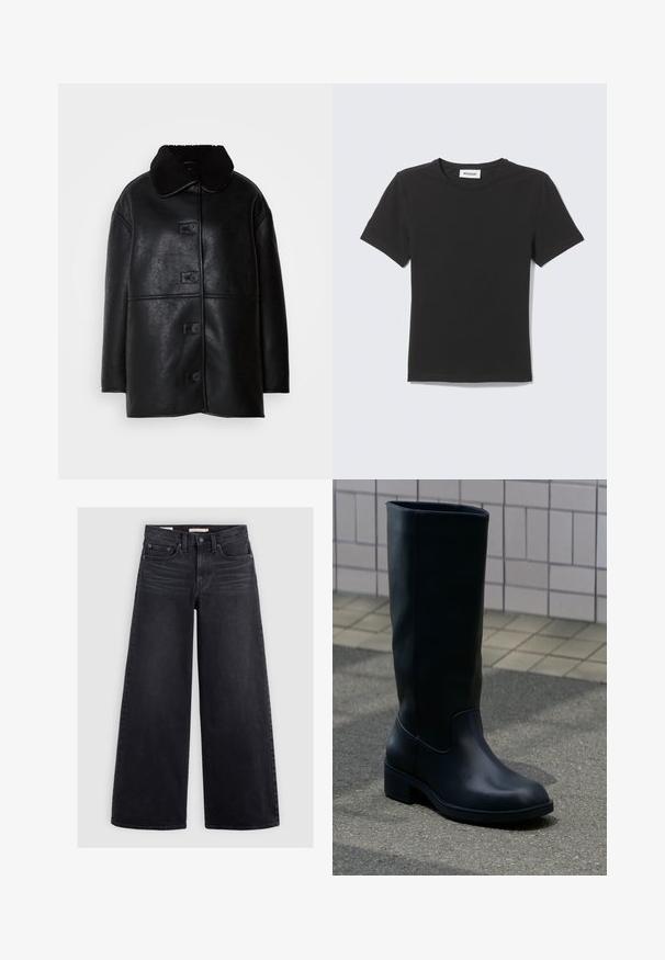 Schwarzer Leder-Mantel mit strukturierter Oberfläche, breitem Kragen und fünf vorderen Knöpfen. Hat eine lockere Passform und geraden Schnitt.; Schwarzes kurzärmeliges T-Shirt mit Rundhalsausschnitt, flach liegend mit kleinem weißem Etikett innen im Kragen vor hellem Hintergrund.; Schwarze Jeans mit weitem Bein aus Denim, mit hoher Taille, fünf Taschen und dezenten Verwaschungen an der Vorderseite.; Hoher schwarzer Lederstiefel mit niedrigem klobigem Absatz, stehend auf Pflaster neben gefliestem Wandhintergrund.