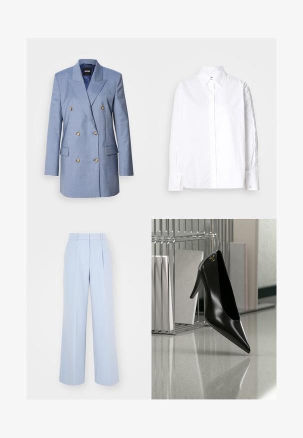 Dobbeltbrystet blazer i lyseblåt stof. Har store knapper, skarpe reverser og sidelommer. Skræddersyet pasform med en glat tekstur.; Hvid skjorte med klassisk krave, lange ærmer og manchetter. Fremstillet af glat stof, den har en midt foran placket.; Lysblå vidde bukser med høj talje, der har plisseringer foran, lavet af et glat, vævet stof. Ingen synlig hardware.; Sort højhælet sko med spids tå og guldlogo, placeret på en reflekterende overflade nær en krom trådfilholder med dokumenter.