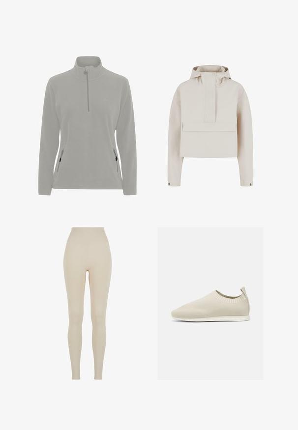 Veste à capuche couleur crème avec manches longues, patte de boutonnage pression à l'avant, et grande poche horizontale à l'avant avec rabat.; Pull en polaire gris clair avec un col haut, fermeture éclair demi-zippée, poches latérales avec zippers et une texture lisse. Logo simple sur la poitrine.; Leggings beiges en tissu extensible avec une taille haute ; texture lisse, silhouette ajustée, sans motifs ni détails matériels visibles.; Chaussure slip-on en tricot beige avec profil bas, tige texturée et semelle flexible. Présente un design tissé autour de la cheville pour plus de confort.