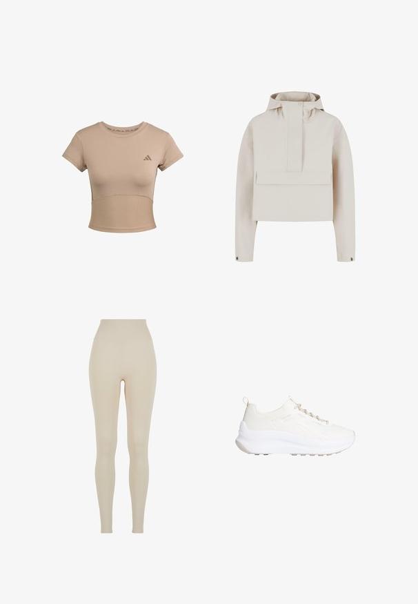 Lys beige cropped jakke med hætte, front snap lukning og stort forlommer. Glat tekstur og minimalistisk design.; Beige sports cropped t-shirt med korte ærmer, ribbet nederste del og subtilt logo på brystet. Glat tekstur, tætsiddende design.; Beige leggings lavet af strækbart stof med en høj talje; glat tekstur, tætsiddende silhuet, ingen synlige mønstre eller hardware detaljer.; Hvid Calvin Klein sneaker i strikket stof med chunky sål, beige snørebånd og trækflapper på hæl og tunge.