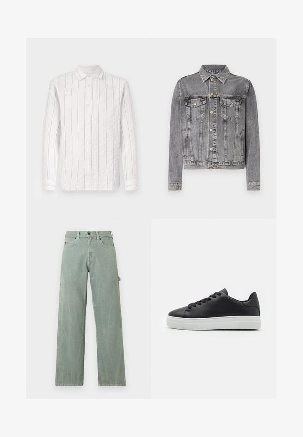 Graue Denimjacke mit Kragen, Knopfverschluss, zwei Brusttaschen, Seitentaschen und sichtbaren Nahtdetails. Klassisches Design.; Weißes Hemd mit Knöpfen aus strukturiertem Stoff, das dünne schwarze vertikale Streifen aufweist, einen klassischen Kragen hat und lange Ärmel mit geknöpften Manschetten besitzt.; Hellgrüne Jeans mit weitem Bein aus Denim, versehen mit einem klassischen Fünf-Taschen-Design und dezenten Used-Details.; Schwarze Leder-Sneaker mit runder Zehe, weißer Gummisohle und schwarzen Schnürsenkeln. Verfügt über eine glatte Oberfläche und ein minimalistisches Design.