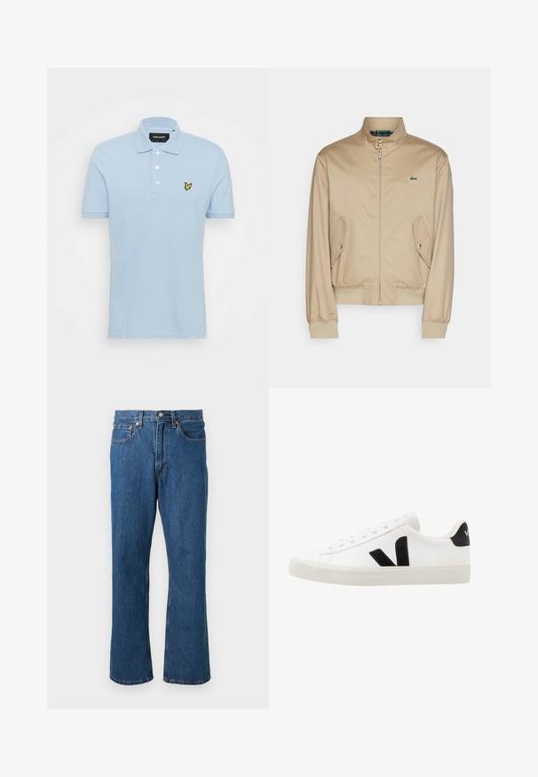Beige bomberjack met staande kraag, ritssluiting, schuine zijzakken en geribde manchetten. Bevat een groen logo op de borst.; Lichtblauwe polo gemaakt van katoen met een drie-knopenlijst, korte mouwen en een klein geel geborduurd logo op de borst.; Blauwe rechttoe rechtaan denim jeans met voorzijde knoop en rits, vijf zakken en oranje stiksel details op een effen achtergrond.; Witte leren sneaker met zwarte suède accenten; voorzien van een rubberen zool, ronde neus en een klassieke vetersluiting. Zijkant met logo in het zwart.