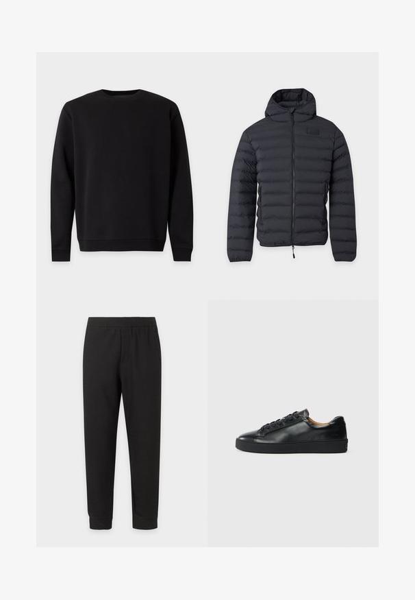 Doudoune noire avec capuche, fermeture éclair à l'avant, matelassage horizontal et poches latérales zippées, présentée sur un fond clair uni.; Sweat-shirt noir à manches longues avec col rond, poignets et ourlet côtelés, présenté sur fond blanc.; Pantalon décontracté noir à taille élastique avec jambes effilées et ourlets revers sur fond blanc.; Baskets en cuir noir avec une texture lisse, bout rond et fermeture à lacets. Comprend une semelle en caoutchouc épaisse et un minimum de détails de marque.