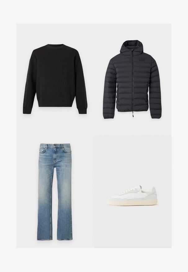 Doudoune noire avec capuche, fermeture éclair à l'avant, matelassage horizontal et poches latérales zippées, présentée sur un fond clair uni.; Sweat-shirt noir à manches longues avec col rond, poignets et ourlet côtelés, design uni, présenté sur un fond clair.; Jean en denim bleu clair avec une coupe droite, présentant une finition délavée, un design classique à cinq poches et des coutures contrastées.; Baskets blanches avec dessus en daim et cuir texturé. Caractérisées par un bout arrondi, une fermeture à lacets et une semelle en caoutchouc beige contrastante.