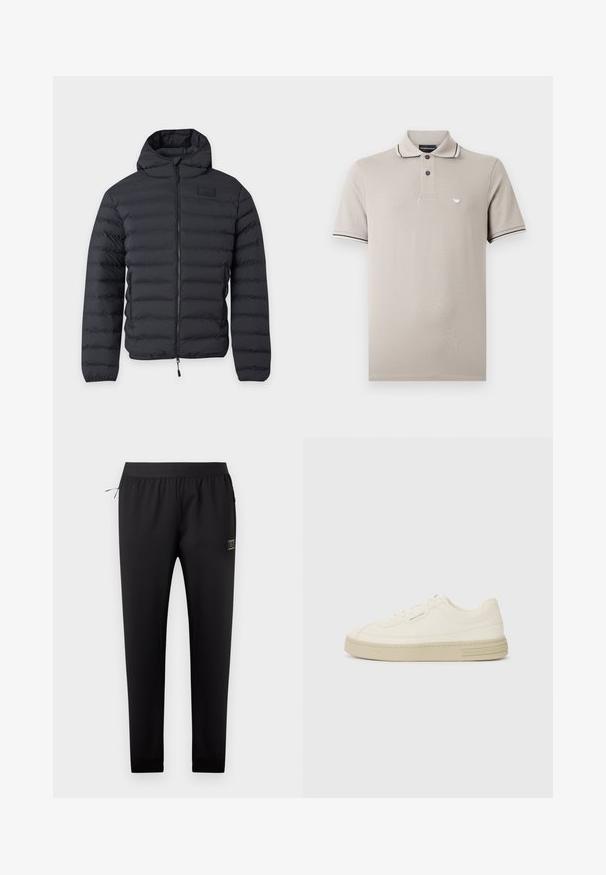 Zwarte donzen jas met capuchon, ritssluiting aan de voorkant, horizontale stiksels en ritssluitingen aan de zijkanten, weergegeven op een effen lichte achtergrond.; Lichtbeige poloshirt met korte mouwen, twee zwarte knopen, dunne zwart-witte strepen op de kraag en mouwranden, en een klein logo op de borst.; Zwarte taps toelopende trainingsbroek met elastische tailleband, zijzak met ritssluiting en een klein rechthoekig logoplaatje op de rechterdij.; Witte canvas sneakers met een gestructureerde rubberen zool, featuring een gestikte neuskap en logo-accent op de hak. Eenvoudig vetersluiting ontwerp.