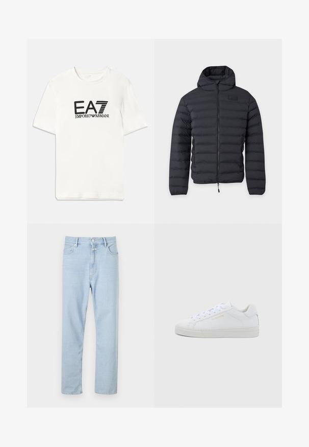 Chaqueta negra acolchada con capucha, cremallera frontal, costuras horizontales y bolsillos laterales con cremallera, mostrada sobre un fondo claro liso.; Camiseta blanca de algodón con un logo negro de EA7 y el texto "EMPORIO ARMANI". Mangas cortas, cuello redondo, corte regular, textura suave.; Jeans de mezclilla de pierna recta en azul claro, con cierre de botón y cremallera, cinco bolsillos y un ligero desgastado en la tela.; Zapatillas bajas de cuero blanco con puntera redonda, cordones planos, suela texturizada y sutil marca dorada en el lateral. Superficie lisa y diseño minimalista.