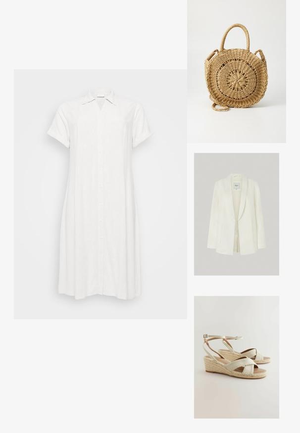 Blazer blanco de lino con solapas con muesca, cierre de un solo botón y dos bolsillos frontales. Textura suave con un corte ajustado.; Vestido de camisa de lino blanco con cuello, mangas cortas dobladas y cierre frontal de botones. Presenta un corte relajado y un dobladillo a la altura de la rodilla.; Sandalias de cuña beige con parte superior de tela, tiras cruzadas, plataforma de yute trenzado y correa ajustable en el tobillo. Suela lisa.; ONLY ONLPENELOPE BEACH ROUND CROSSOBODY - Bandolera - toasted coconut