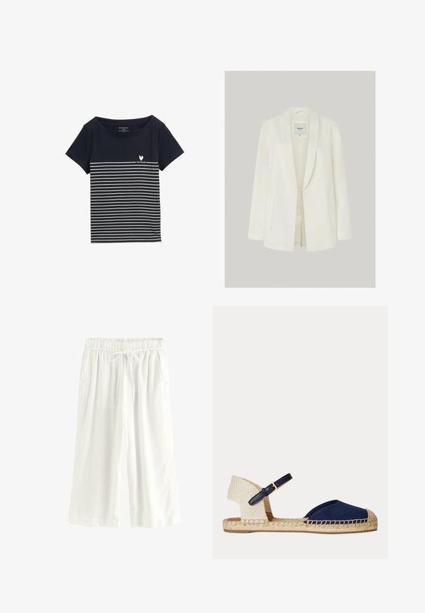 Witte linnen blazer met notch-revers, een enkele knoopsluiting en twee voorzakken. Soepele textuur met een getailleerde snit.; Marineblauwe t-shirt met witte horizontale strepen, ronde halslijn, korte mouwen en een klein hartlogo met de tekst "TOM TAILOR" op de voorkant.; Witte, wijde cropped broek met elastische taille en strikkoord, voorzien van steekzakken en een losse pasvorm.; Dames platte espadrille sandaal met marineblauwe stof aan de voorkant, geweven beige hak en een zwarte verstelbare enkelriem met gouden gesp.