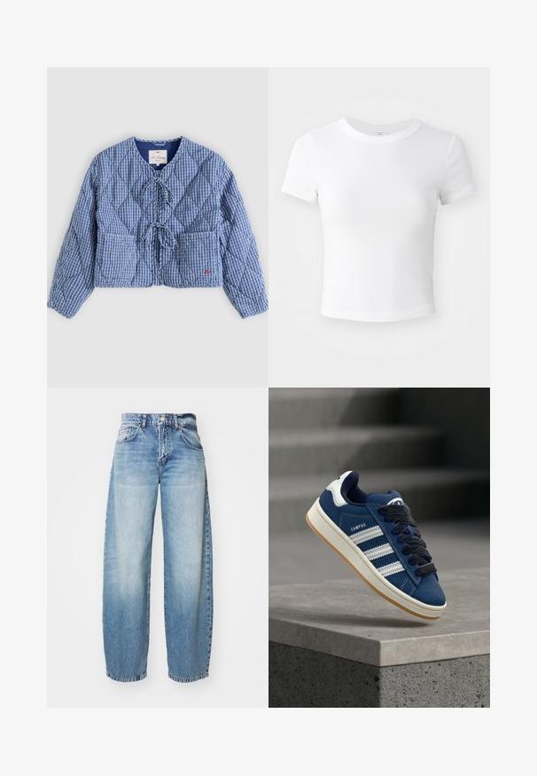 Chaqueta acolchada a cuadros azules y blancos con mangas largas, cierres frontales de lazo, dos bolsillos delanteros y escote redondo.; Camiseta corta de manga corta blanca, con cuello redondo, exhibida sobre un fondo neutral claro.; Jeans de pierna ancha en color azul claro con un acabado desgastado, cinco bolsillos y cierre de botón. La tela es denim, con costuras clásicas y un corte relajado.; Zapatilla azul con rayas blancas y cordones negros, etiquetada como "CAMPUS", suspendida sobre un borde de concreto gris con escaleras desenfocadas al fondo.