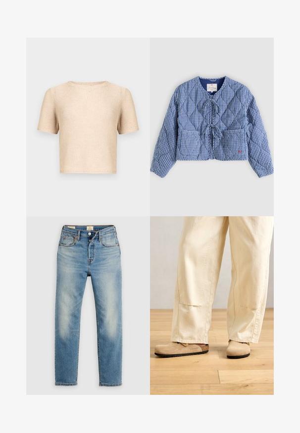 Veste matelassée à carreaux bleu et blanc avec manches longues, fermetures à nouer sur le devant, deux poches avant et un col rond.; Haut beige en maille à manches courtes avec un col rond, tissu texturé et ourlet brut. Design simple, adapté à la superposition ou à porter seul.; Jean en denim bleu clair avec une coupe droite, des détails délavés, des coutures contrastées, cinq poches et une braguette à boutons.; Pantalons larges beiges portés avec des sabots en suède tan de style Birkenstock sur un sol en bois clair.