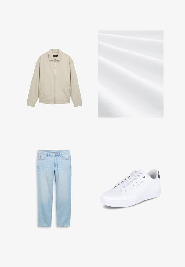 Veste légère beige avec fermeture éclair à l'avant, col structuré, poches latérales et coupe décontractée. Tissu en mélange de coton avec des détails de couture minimaux.; Tissu blanc à texture lisse, avec de douces plis et un éclat subtil. Le matériau semble léger et polyvalent pour diverses utilisations.; Jean en denim bleu clair à jambes droites, avec bouton avant, fermeture éclair et cinq poches, posé à plat sur un fond blanc.; Baskets blanches, en matériau synthétique lisse, design bas, bout rond, six œillets, détail de logo sur le côté, accent de talon sombre contrastant.