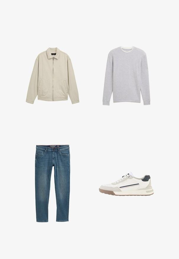 Beige leichte Jacke mit Reißverschluss vorne, strukturiertem Kragen, seitlichen Taschen und lockerer Passform. Baumwollmischgewebe mit minimalen Nähdetails.; Langärmliges, geripptes Sweatshirt in Hellgrau mit rundem Ausschnitt und kontrastierendem, cremefarbenem Kragen. Weiche Textur, minimalistisches Design.; Blaue Jeans aus Denim mit schmalem Schnitt, Fünf-Taschen-Design und einem roten Innenbund. Mit einem Logo-Patch auf der Gesäßtasche.; Weißer und beiger Sneaker mit weißen Schnürsenkeln, brauner Sohle, schwarzem Fersen-Patch und seitlichen Streifendetails in Marine und Rot.