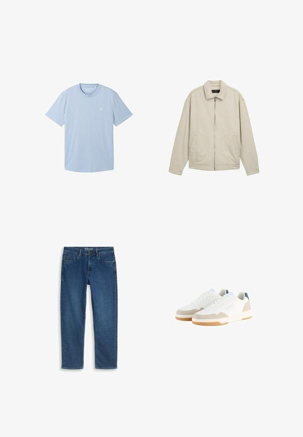 Beige leichte Jacke mit Reißverschluss vorne, strukturiertem Kragen, seitlichen Taschen und lockerer Passform. Baumwollmischgewebe mit minimalen Nähdetails.; Hellblaues T-Shirt mit kurzen Ärmeln aus weichem Stoff, mit einem runden Ausschnitt und einem kleinen Logo auf der linken Brustseite. Einfache Textur.; Blaue Jeans mit geradem Bein, Vordertaschen und Knopfverschluss, flach auf weißem Hintergrund liegend.; Weiße Sneakers mit einem strukturierten Mesh-Obermaterial, beigen Wildlederelementen und einer gepolsterten Sohle. Mit Schnürverschluss und einem blauen Logodetail.