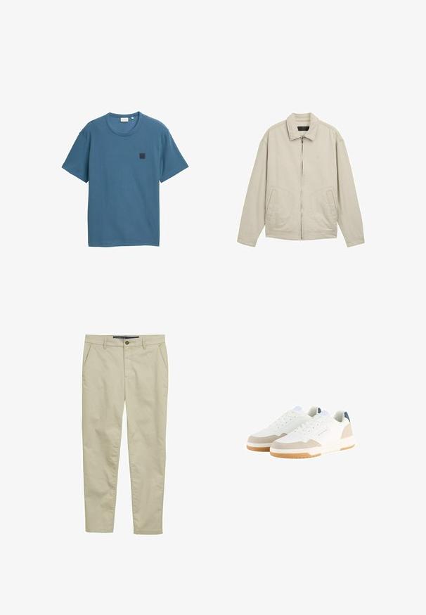 Beige leichte Jacke mit Reißverschluss vorne, strukturiertem Kragen, seitlichen Taschen und lockerer Passform. Baumwollmischgewebe mit minimalen Nähdetails.; Blaues kurzärmliges T-Shirt aus strukturiertem Stoff, mit einem runden Halsausschnitt und einem quadratischen Logo-Patch auf der linken Brust.; Beige Chinos aus leichtem Stoff, mit flachem Bund, zwei Seitentaschen und einem Knopfverschluss, in einem schlanken, geraden Bein-Design.; Weiße Sneakers mit einem strukturierten Mesh-Obermaterial, beigen Wildlederelementen und einer gepolsterten Sohle. Mit Schnürverschluss und einem blauen Logodetail.