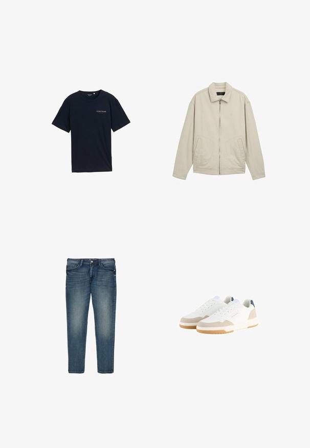 Beige leichte Jacke mit Reißverschluss vorne, strukturiertem Kragen, seitlichen Taschen und lockerer Passform. Baumwollmischgewebe mit minimalen Nähdetails.; Navyblaue Baumwoll-T-Shirt mit Rundhalsausschnitt und kurzen Ärmeln. Mit einem kleinen roten Textlogo auf der Brust. Reguläre Passform, glatte Textur.; Blaue Denim-Jeans mit leicht verblasstem Finish, ausgestattet mit fünf Taschen, einem Reißverschluss und einem geraden Bein.; Weiße Sneakers mit einem strukturierten Mesh-Obermaterial, beigen Wildlederelementen und einer gepolsterten Sohle. Mit Schnürverschluss und einem blauen Logodetail.