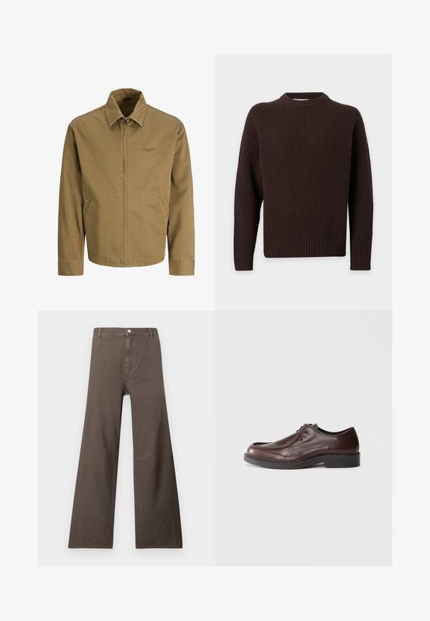 Veste zippée marron clair pour hommes avec col, manches longues, poches latérales et petit logo "Jack & Jones Premium" sur la poitrine.; Pull en maille à manches longues marron foncé avec texture côtelée, col rond et poignets ajustés, présenté sur un fond clair uni.; Pantalons larges marron à taille haute, fermeture à bouton, passants de ceinture et détails de couture visibles sur les jambes.; Chaussure habillée en cuir marron avec un bout arrondi, des accents de couture minimum, et une semelle noire robuste. Présente un système de laçage et une texture lisse.