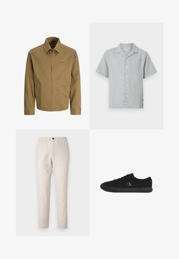 Herrejakke i lys brun med lynlås og krave, lange ærmer, sidelommer og lille "Jack & Jones Premium" logo på brystet.; Kortærmet, lyseblå og hvide vertikale stribede skjorte med knapper, krave og brystlomme.; Lys beige linnedbukser med elastisk talje, en enkelt knaplukning og et enkelt, tæt snit.; Sort lavtopsneaker med snørebånd foran, gummisål og gråt "cK"-logo på siden, set fra ydersiden.