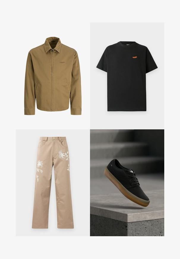 Herrejakke i lys brun med lynlås og krave, lange ærmer, sidelommer og lille "Jack & Jones Premium" logo på brystet.; Sort bomulds-t-shirt med afslappet pasform, korte ærmer og rund halsudskæring. Har en lille orange logo på brystet.; Beige bomuldsbukser med lige ben, der har hvid blomsterbroderi foran og almindelige lommer.; Sort afslappet snøresko med brun sål, svævende over en betonforkant med slørede trapper i baggrunden.