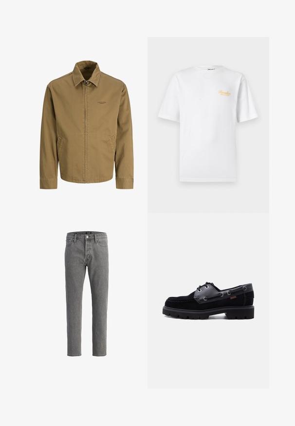 Miesten vaaleanruskea vetoketjullinen takki, jossa on kaulus, pitkät hihat, sivutaskut ja pieni "Jack & Jones Premium" -logo rinnassa.; Valkoinen lyhythihainen T-paita pyöreällä pääntiellä ja pieni keltainen teksti "Paradise Palmers" vasemmassa rinnassa.; Harmaat farkut suoran lahkeen leikkauksella, viiden taskun suunnittelulla ja metallinappikiinnityksellä. Kangas on pehmeä ja tekstuurinen.; Musta nahka- ja mokkanahkainen purjehduskengän, jossa on paksu nastakuvioitu pohja, nyörikiinnikkeet ja sivusaumat vaalealla tasaisella taustalla.