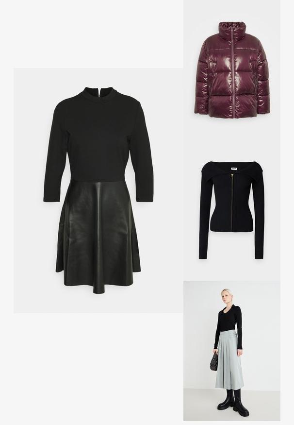 Pufferjack in diep bourgondië, glanzende afwerking, hoge kraag, ritssluiting aan de voorkant, twee zijzakken, gestikte ontwerp met opgezette secties.; Noisy May NMJULIET CROP - Vest - black; Zwarte jurk met een aansluitende top en een wijde leren rok, met lange mouwen en een hoge halslijn, voorzien van een rits aan de achterkant.; Zwarte lange mouw top, lichtgrijze plissérok met dubbele gespsdetails, en zwarte schoenen met een dikke zool; zilveren handtas met versieringen.