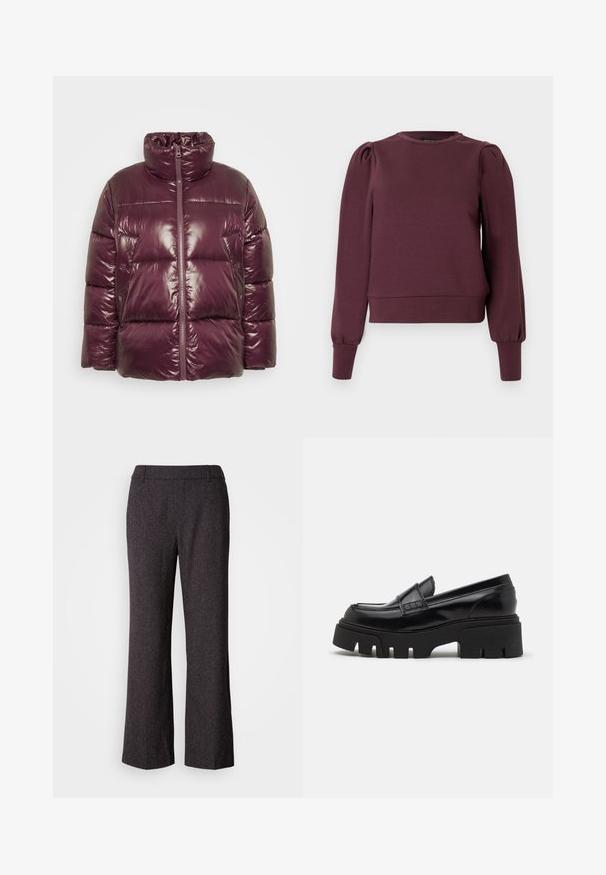 Puffjacke in tiefem Burgunderrot, glänzende Oberfläche, hoher Kragen, vorderer Reißverschluss, zwei Seitentaschen, gestepptes Design mit gepolsterten Abschnitten.; Bordeauxrotes Sweatshirt mit langen, aufgepufften Ärmeln und gerippten Bündchen. Weiches Material, Rundhalsausschnitt und taillierter Saum. Glatte Textur.; Mos Mosh SVALA - Stoffhose - black; Schwarze Lederloafer mit einer massiven, strukturierten Plateausohle und einem dekorativen Riemen über dem Obermaterial. Glatte, glänzende Oberfläche.