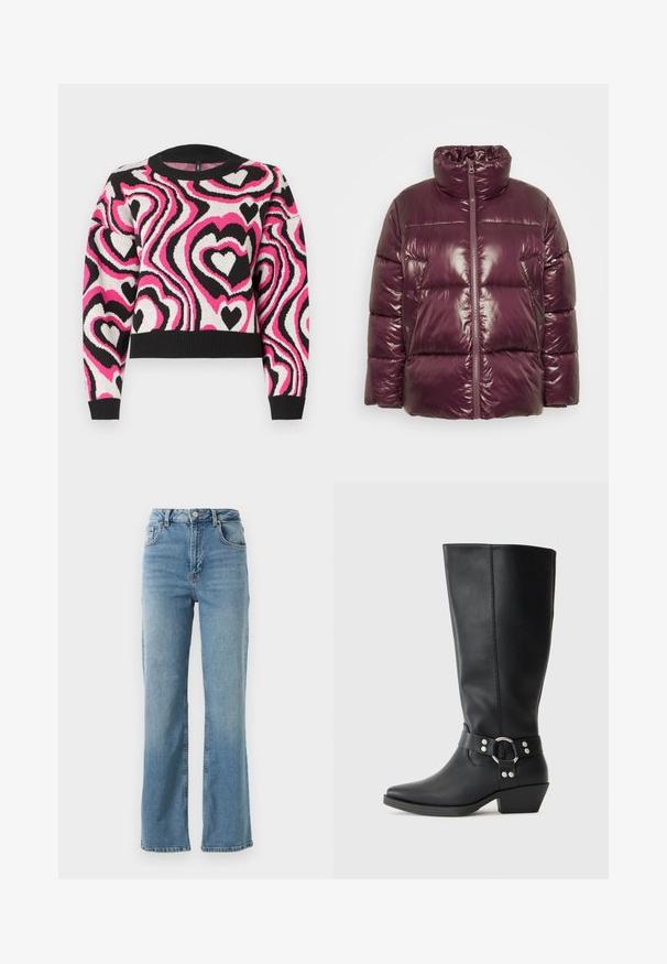 Chaqueta tipo puff en burdeos oscuro, acabado brillante, cuello alto, cierre frontal con cremallera, dos bolsillos laterales, diseño acolchado con secciones infladas.; Jersey de punto con un patrón ondulado de corazones en rosa, blanco y negro. Cuello y puños acanalados; diseño corto. Textura suave.; Jeans de denim azul claro con cintura alta, corte de pierna ancha y diseño clásico de cinco bolsillos. Presenta un ligero desgaste y un cierre de cremallera.; Botas negras de cuero hasta la rodilla con punta afilada, que cuentan con una correa decorativa en el tobillo y detalles de hardware en plata. Tacón bajo y apilado.