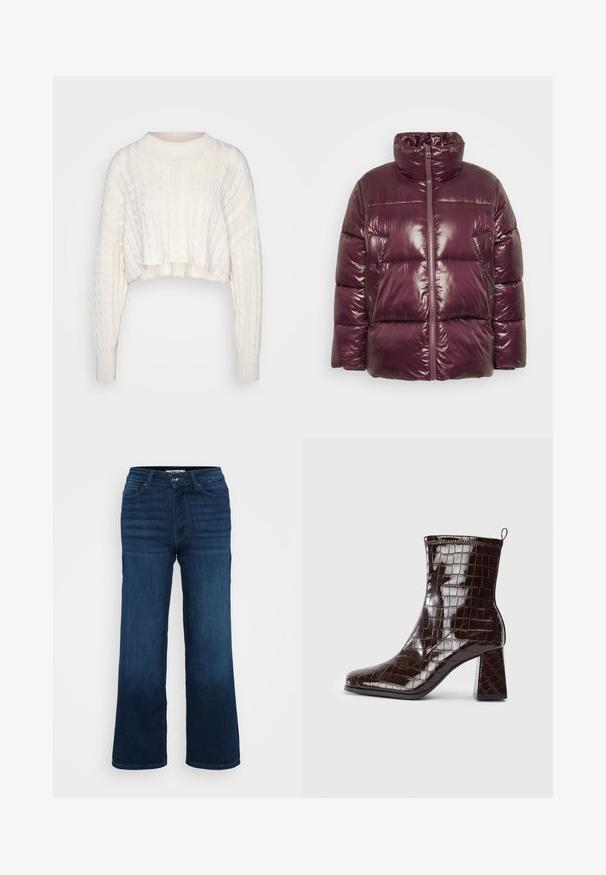 Veste matelassée de couleur bourgogne profond, finition brillante, col haut, fermeture éclair à l'avant, deux poches latérales, design matelassé avec sections gonflées.; Pull cropped en maille torsadée couleur ivoire, avec de longues manches et un col rond côtelé, présenté sur un fond uni.; ONLY Petite ONLMADISON BLUSH WIDE - Wide Leg - dark blue denim; Bottine en cuir verni marron foncé, avec texture crocodile, talon carré et tirant à l'arrière sur fond blanc.