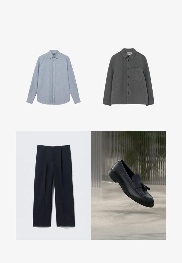 Camisa chaqueta de lana gris con botonera frontal, cuello clásico y un bolsillo en el pecho con una superficie texturizada.; Mos Mosh Gallery Camisa - light blue; Pantalones azul marino oscuros hechos de tela suave, con un ajuste entallado, dos bolsillos delanteros y cierre de botón.; Mocasines de cuero negro con textura suave, punta redondeada y borlas decorativas en el frente. Suela de goma flexible con tacón bajo.