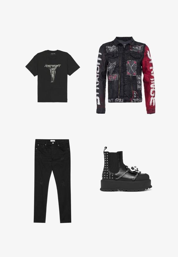 Schwarze Denimjacke mit roten Akzenten, ausgestattet mit Grafiken und Text in gemischten Medien, silbernen Nieten, zwei vorderen Taschen und einem Reißverschluss.; Schwarzes Baumwoll-T-Shirt mit kurzen Ärmeln, auf dem eine frontale Grafik einer Statue und das Wort "BUßE" in fetten grauen Buchstaben zu sehen ist.; Schwarze Slim-Fit-Jeans mit dezent ausgefransten Stellen, Metallknopf, Fronttaschen und einem Pier One-Label am Bund.; Schwarze Plattformstiefel mit silbernen Nieten, Kettendetails und einer weißen Totenkopfdekoration auf der Vorderseite.