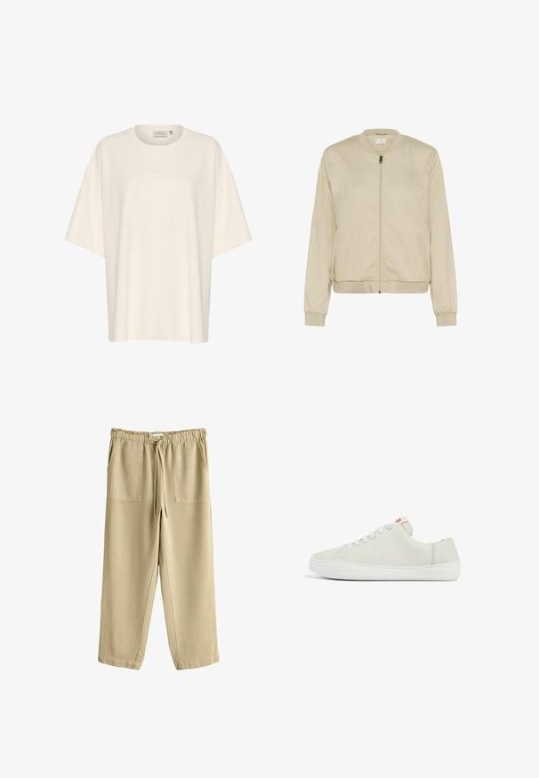 Chaqueta bomber beige con cremallera frontal, cuello y puños de canalé, y bolsillos laterales. Tejido suave con acabado mate.; Camiseta cremosa de gran tamaño hecha de una tela suave, con cuello redondo y mangas cortas. Detalle sutil del logotipo en relieve en la parte delantera.; Pantalones casuales beige con cinturilla elástica, cierre con cordón y dos bolsillos frontales tipo parche, exhibidos sobre fondo blanco.; Zapatilla de piel blanca con un perfil bajo, puntera redondeada, cierre de cordones plano y suela de goma blanca. Presenta costuras sutiles y un pequeño logotipo.