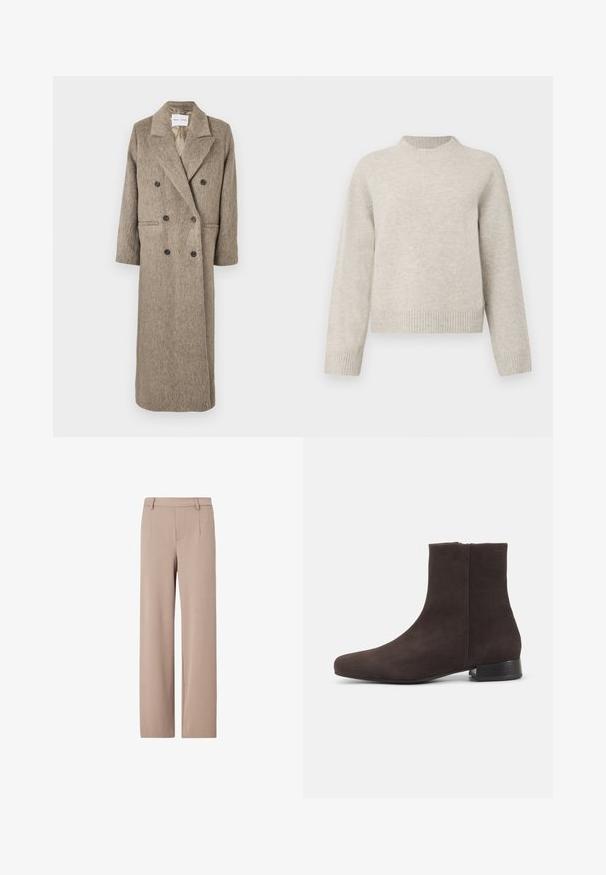 Dobbeltbrystet frakke i beige tekstureret stof med klippet krave, to frontlommer og sorte knapper. Lang, lige silhuet.; Lysegrå, chunky striktrøje med rund halsudskæring, dropped shoulders og ribbede manchetter og kant. Blød tekstur, afslappet pasform.; Beige bukser med høj talje og brede ben med bæltestropper, frontplissering og skjult frontlukning.; Mørkebrun ruskind ankelstøvle med lav blokhæl og sidelås, slank rundet tå, på ensartet lys baggrund.