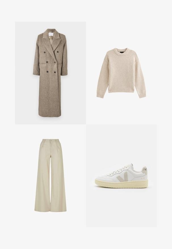 Abrigo cruzado en tejido texturizado beige, con cuello de solapa, dos bolsillos frontales y botones negros. Silueta larga y recta.; Jersey de punto beige con cuello redondo, mangas largas y dobladillo acanalado. Tela texturizada con una apariencia suave. Diseño simple y versátil.; Pantalones beige de pierna ancha con cintura alta, pliegues en la parte delantera, trabillas para cinturón y cierre con botón.; Zapatilla de piel blanca con acentos de ante beige, caja de puntera perforada, cordones planos y suela texturizada en color crema. Cuenta con un branding sutil en el talón.