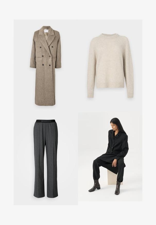 Dubbelzijdige jas van beige gestructureerde stof, met een gelapte kraag, twee voorzakken en zwarte knopen. Lange, rechte silhouet.; Beige gebreide trui met een ronde hals, raglanmouwen en geribbelde zoom. Zacht van textuur met een iets losse pasvorm en een minimaal patroon.; Grijze, wijde broek met plooien, gemaakt van een gestructureerde stof. Bevat een zwarte tailleband met het "NØRGAARD" logo.; Vrouw met lang donker haar zittend, draag een losse zwarte blazer, bijpassende wijde broek en donkere enkellaarsjes tegen een effen witte achtergrond.