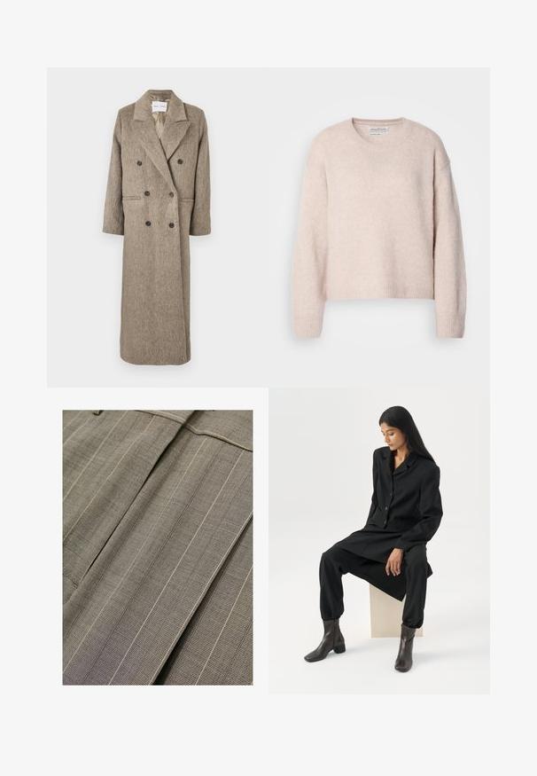 Dobbeltbrystet frakke i beige tekstureret stof med klippet krave, to frontlommer og sorte knapper. Lang, lige silhuet.; Lyserød sweater lavet af blødt, tekstureret stof. Har en rund hals, dropped skuldre samt ribbede маншеты og søm. Cropped design.; Close-up af beige stof med fint gitter og tynde, vertikale, hvide striber, med skarpe folder og syningsdetalje.; Kvinde med langt mørkt hår, siddende iført en løs sort blazer, matchende vidde bukser og mørke ankelstøvler mod en ensfarvet hvid baggrund.