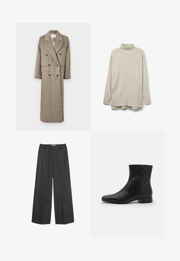 Dobbeltbrystet frakke i beige tekstureret stof med klippet krave, to frontlommer og sorte knapper. Lang, lige silhuet.; Beige striktrøje med ribbet turtleneck, lange ærmer og en nederkant med diagonal ribning. Blød tekstur og afslappet pasform.; Bredde bukser i mørkegrå stof. Har en skræddersyet talje med bæltesløjfer, glat tekstur og minimale syninger som detaljer.; Sort læder ankelstøvle med spids tå, glat tekstur, minimalistisk design og en lav blokhæl. Sidelukning går op til anklen.
