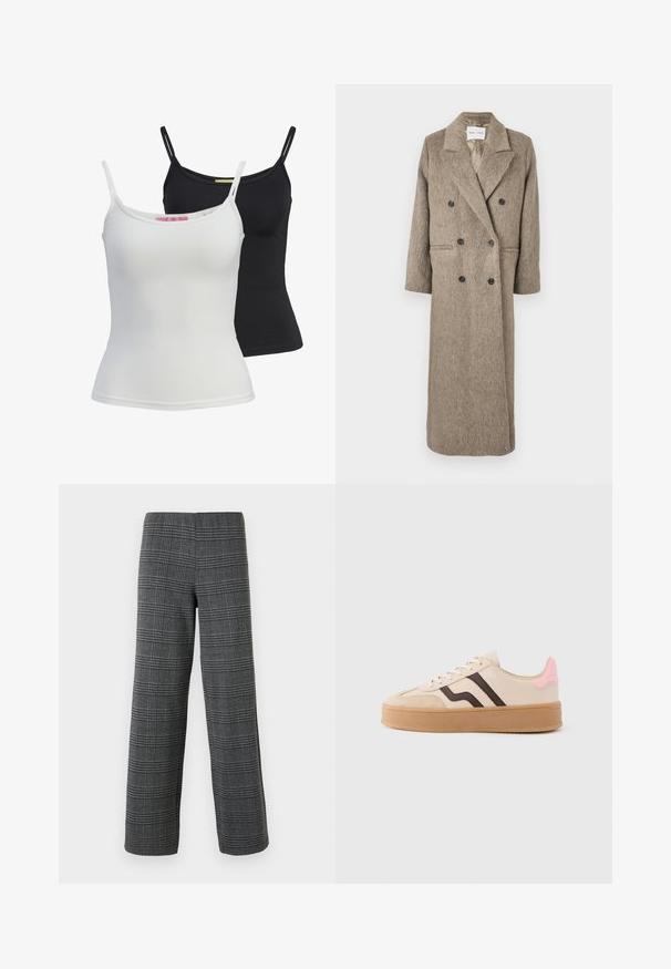 Doppelt geknöpfter Mantel aus beige strukturiertem Stoff, mit Reverskragen, zwei Fronttaschen und schwarzen Knöpfen. Lange, gerade Silhouette.; Zwei grundlegende Tanktops in Schwarz und Weiß, aus einem glatten, dehnbaren Stoff. Mit dünnen Trägern und einem schlichten, taillierten Design.; Vero Moda VMBERLIN WIDE PANT - Stoffhose - dark grey/black; Beige Sneaker mit braunen Streifen, pinkfarbenem Fersenakzent, Wildleder-Zehenschutz und einer Gummisohle. Verfügt über eine Schnürverschluss und ein rundes Design.