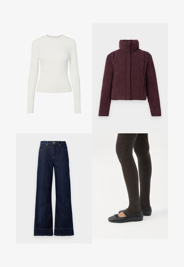Dames cropped puffer jacket in donker pruimenkleurig corduroy met een hoge kraag en lange mouwen, weergegeven op een effen achtergrond.; Witte langemouw ribben top met een ronde halslijn, aangesloten vorm en gladde textuur. Minimalistisch ontwerp, geen zichtbare patronen of versieringen.; Donkerblauwe wijde spijkerbroek van denim. Kenmerken zijn een knoopsluiting, stikdetails en zijzakken. Uiteinde met een flared onderrand.; Benen met donkere geribbelde leggings gecombineerd met zwarte ballerina's met kleine strikdetails op een witte achtergrond.