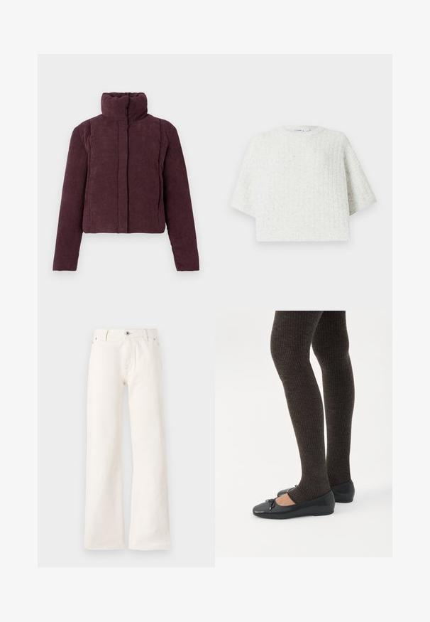 Chaqueta acolchada corta para mujer en terciopelo corduroy púrpura oscuro, con cuello alto y mangas largas, presentada sobre un fondo liso.; Suéter blanco tejido con cuello redondo, mangas cortas y anchas, y un patrón texturizado. El dobladillo es ligeramente corto, mostrando un diseño acogedor.; Jeans blancos de pierna ancha fabricados en denim, con cierre frontal de botón, cinco bolsillos y una textura suave sin patrones visibles.; Piernas con leggings oscuros acanalados combinados con bailarinas negras que presentan pequeños detalles de lazo sobre un fondo blanco.