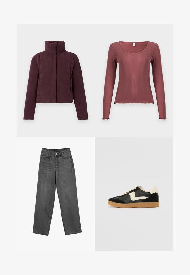 Dames cropped puffer jacket in donker pruimenkleurig corduroy met een hoge kraag en lange mouwen, weergegeven op een effen achtergrond.; Top met lange mouwen in zachtroze, met geribbelde textuur, ronde halslijn, gegolfde zoom en manchetten, gemaakt van zacht gebreid materiaal.; Zwarte high-waisted straight-leg jeans met een knoop aan de voorkant en zakken, weergegeven op een witte achtergrond.; Zwarte suède en leren sneaker met een crèmekleurige zij-swoosh en lichte crèmekleurige hiel. Voorzien van beige veters en een gumrubberen zool.